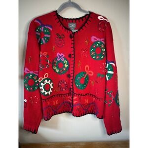 Designers Originals Christmas Sweater Medium Red‎ Holiday Wreath Cardigan